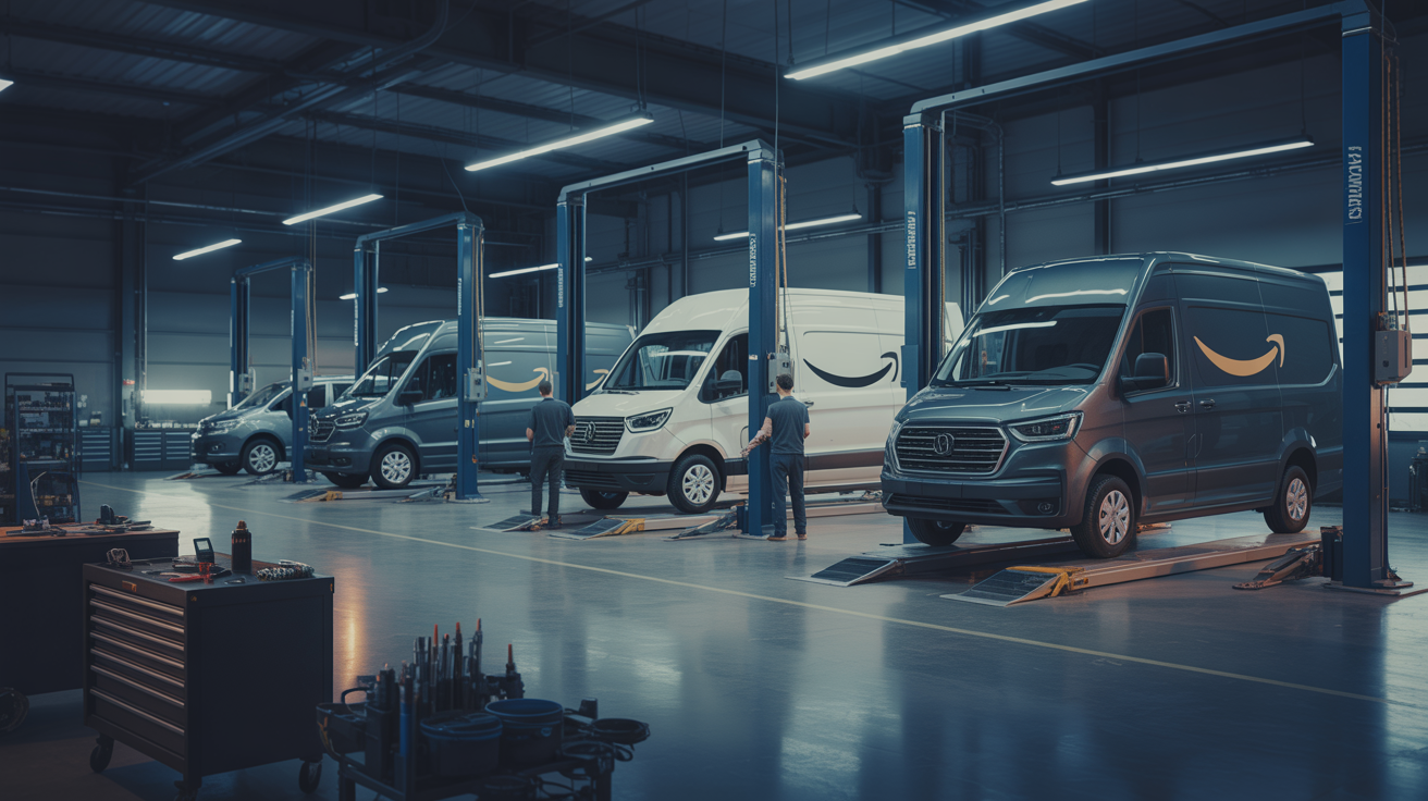 Professional collision repair facility with fleet vehicles on hydraulic lifts
